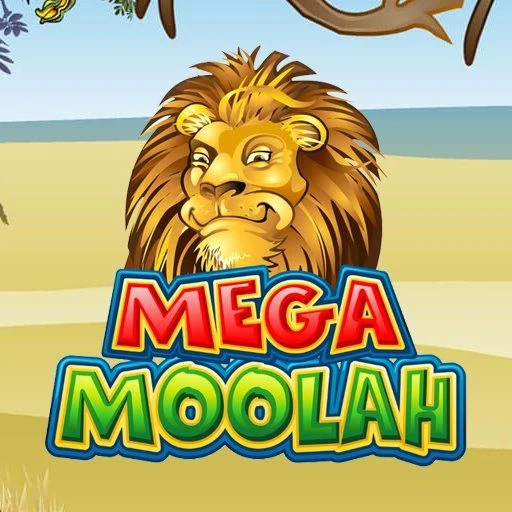 Cartoon lion above the Mega Moolah jackpot slot logo